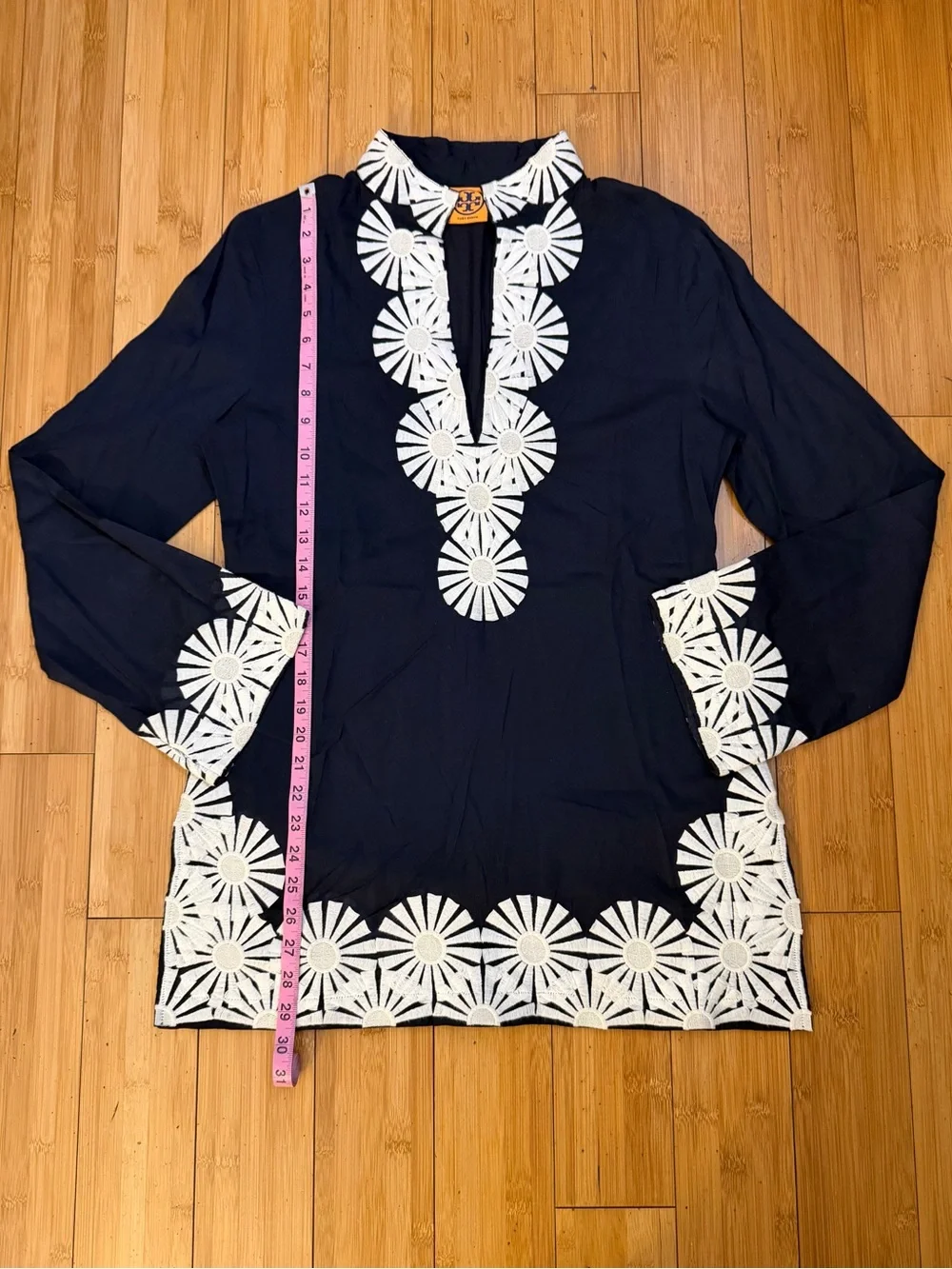 Tory Burch Navy Tunic Top Embroidered Trim Size 12